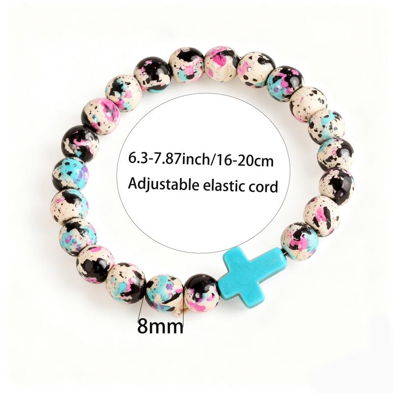 Boho Style Cross Charm Beaded Bracelet, Fashionable Elastic Beaded healing Bracelet for Women & Girls, Trendy All-match & Exquisite Faith Wear Jewelry for Birthday Gift, Bohemian Bracelets(No Cards)