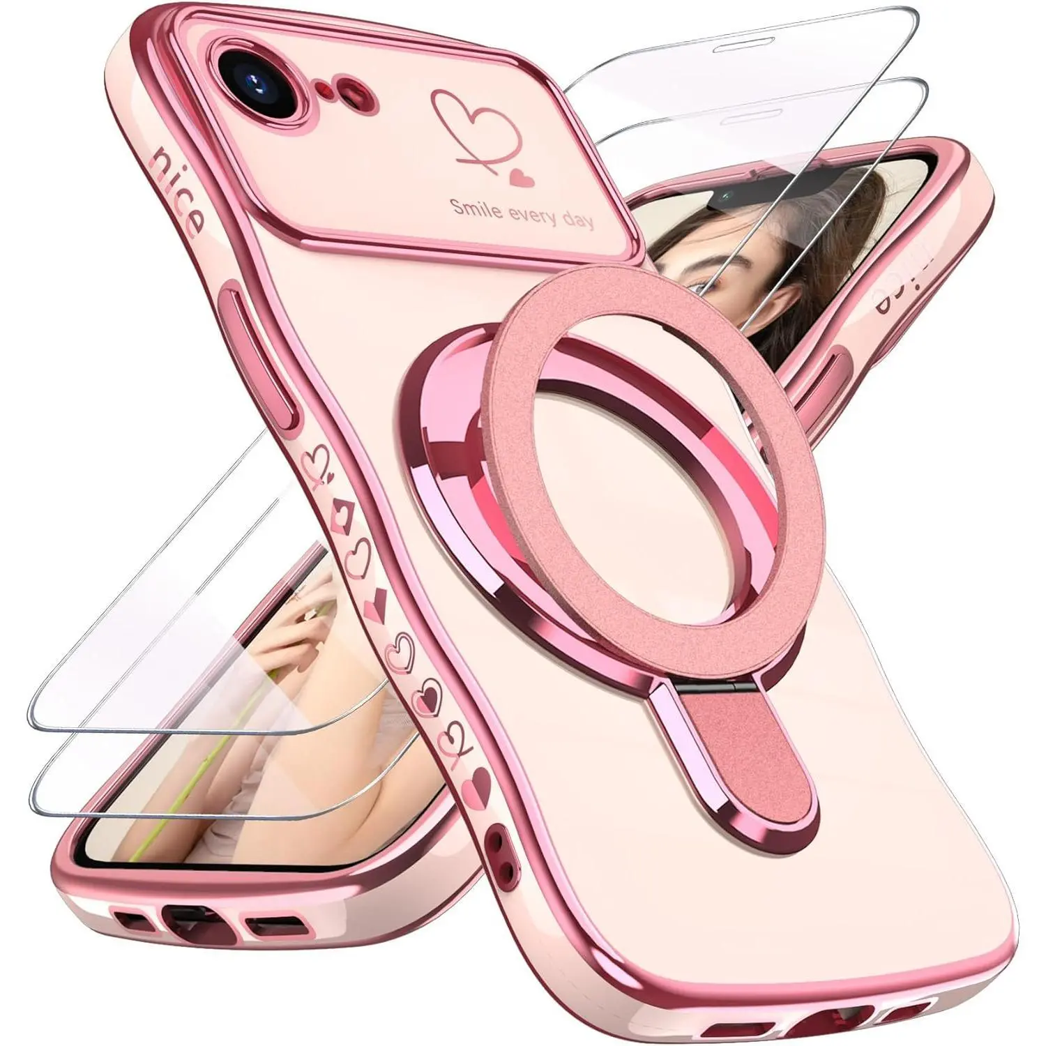 for iPhone 17E/16E Love Heart Kickstand Case with 2X Screen Protector: Luxury Plated Gold Edge Slim Soft TPU Shockproof Protection Case Cover for iPhone 17E/16E  (Pink)