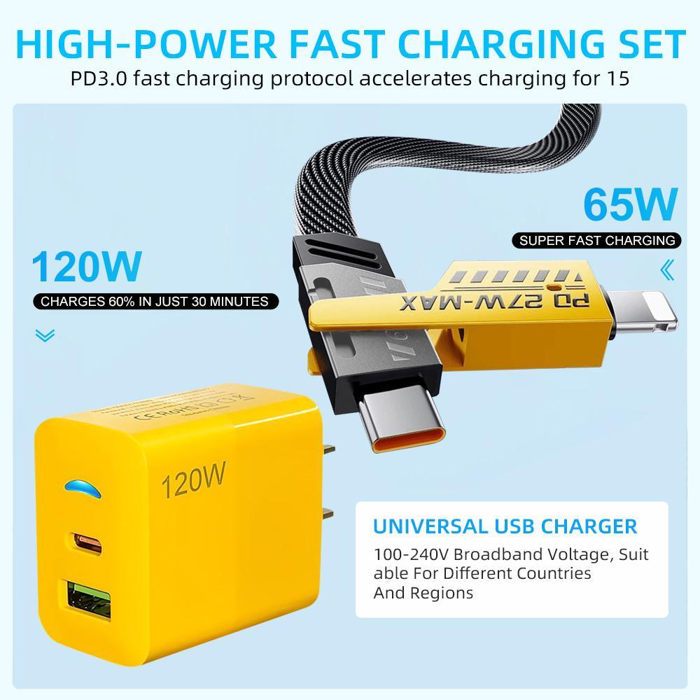 2-Pack Multiple Ports USB C/USB A Fast Charger Adapter with 4-in-1 USB C Cable 5FT Fast Charging Cord, Supports Up to 120W, Compatible with iPhone17/16/15/14/13/12/Pro Max iPad Samsun