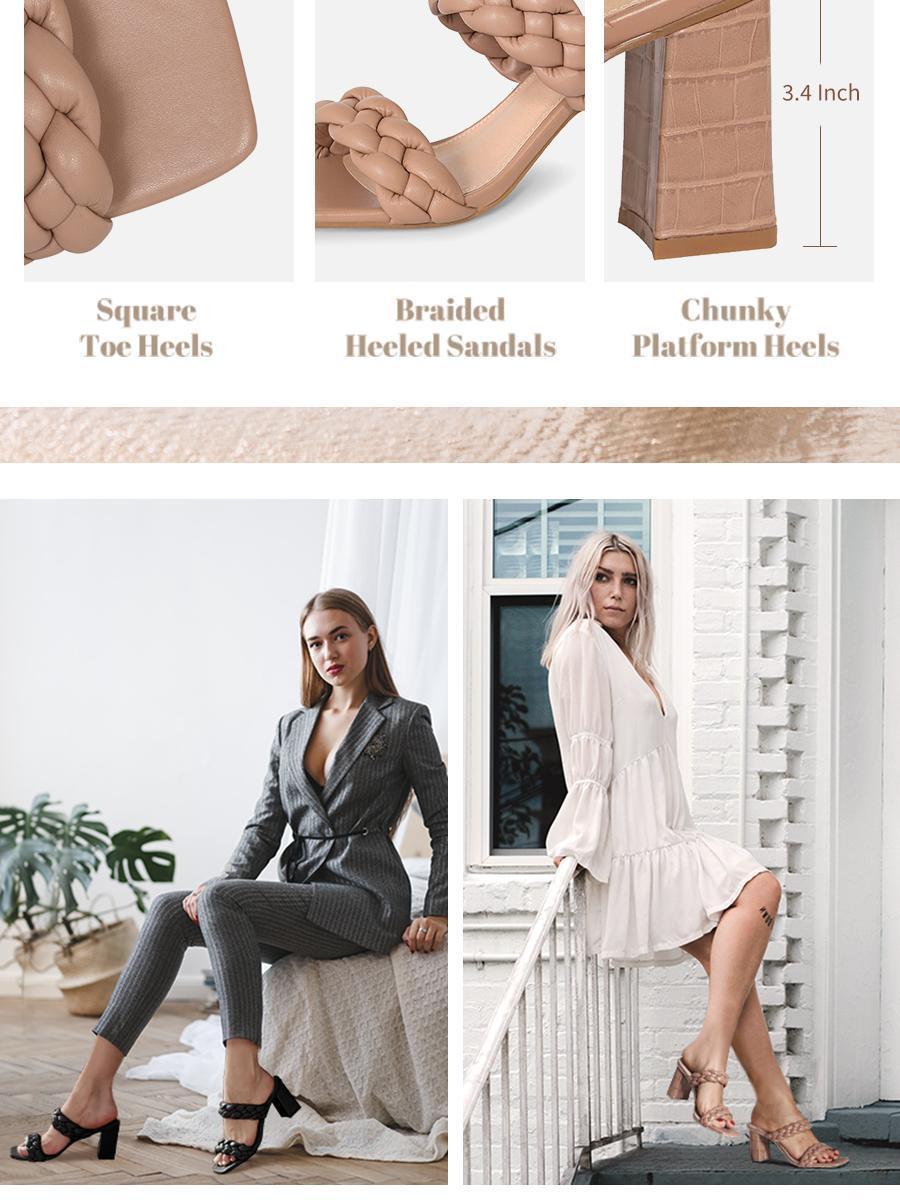 Athlefit Women's Braided Heeled Sandals Strappy Square Open Toe Heels Backless Mules Slip On Block Heels Footwear Walking Shoes Girl Summer