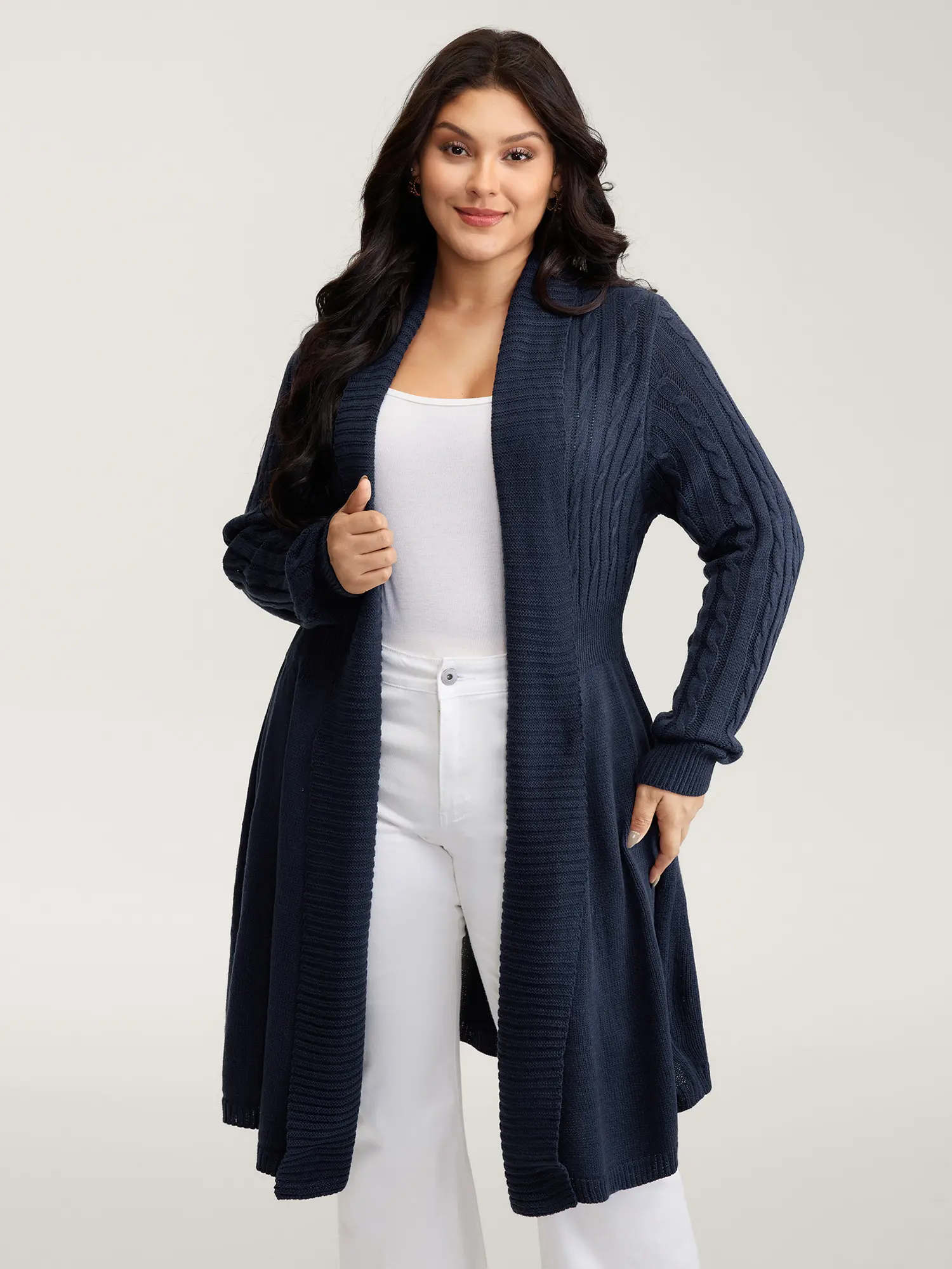 BloomChic Lady's Cable Knitting Cardigan - Open Front, Timeless Kimono Collar, Long Regular Sleeves, Cinch Flare Waist, Short Length Casual Top, Longsleeves, Fashion Casual Top, Knitwear, Cable-Knit, Low Stretch, Women, Bodycon Cut, Flared Waist, Fit, Cin