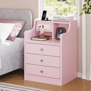 Sikaic Nightstand with Charging Station, Pink Night Stand with Hutch, Bedside Table with Drawers, Bedside Table with Storage