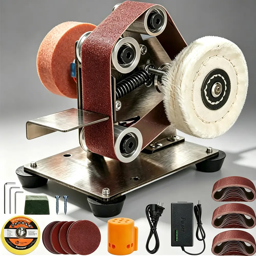Mini Desktop Belt Sander 3 in 1, Benchtop Sanding Machine with Variable Speed, 2" Sanding Belt, Polishing Wheel & Grinding Wheel, DIY Woodworking Tool for Metal Polishing & Sharpening