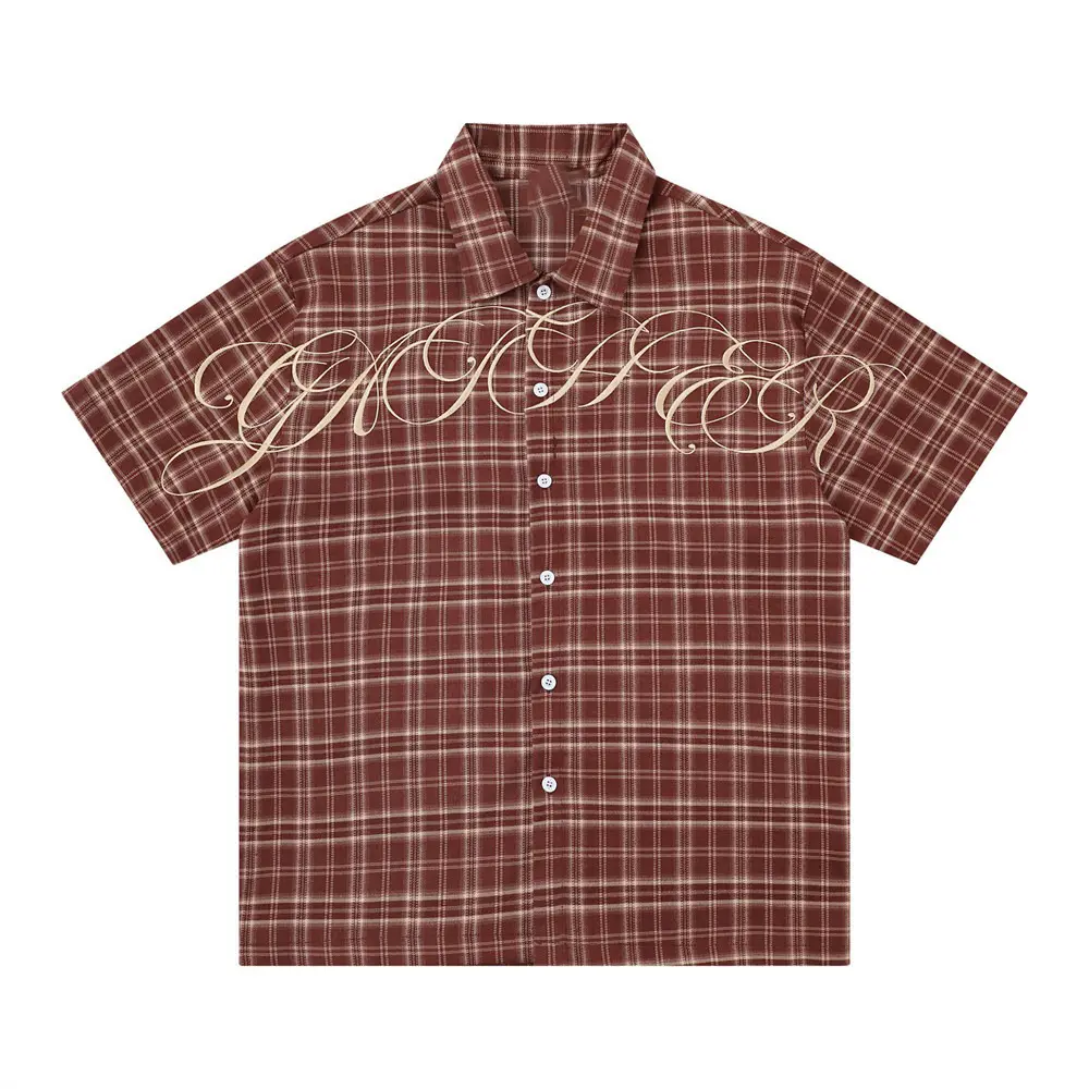 Inflation Plaid Embroidery Open Collar Shirt Men Y2K Oversized Short Sleeve Streetwear Button Up