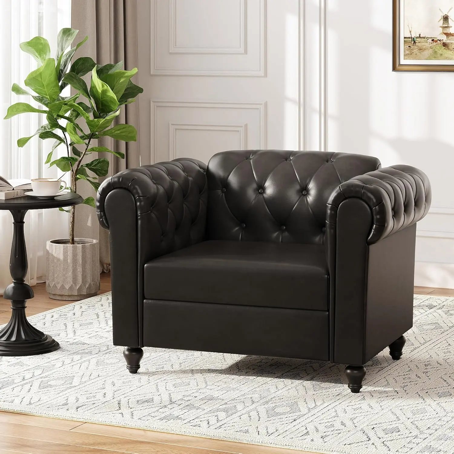 Black Faux Leather Accent Chairs, Button-Tufted Upholstered Club Chair Retro Armchairs, Mid Century Modern Accent Chair with Solid Wood Legs, Cozy Chesterfield Couch Chairs for Living Room, Bedroom