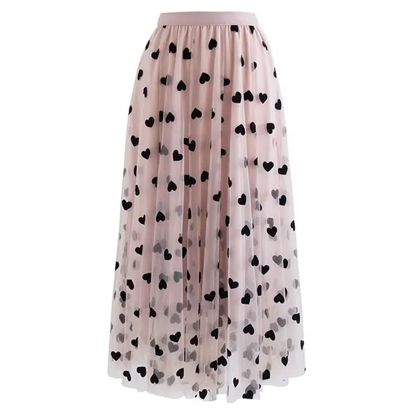 3D Heart Double-Layered Mesh Maxi Skirt – Flowy Tulle with Heart Details, Velvet Trim, Ethereal Silhouette, Elastic Waist, Perfect for Date Night, Parties & Special Occasions, Evening Wear