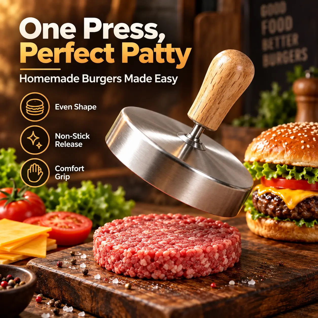 Stainless Steel Burger Press with Wooden Handle, Hamburger Patty Maker Mold for Ground Beef, Meat & Sausage, Reusable Kitchen BBQ Grilling Tool for Homemade Burgers