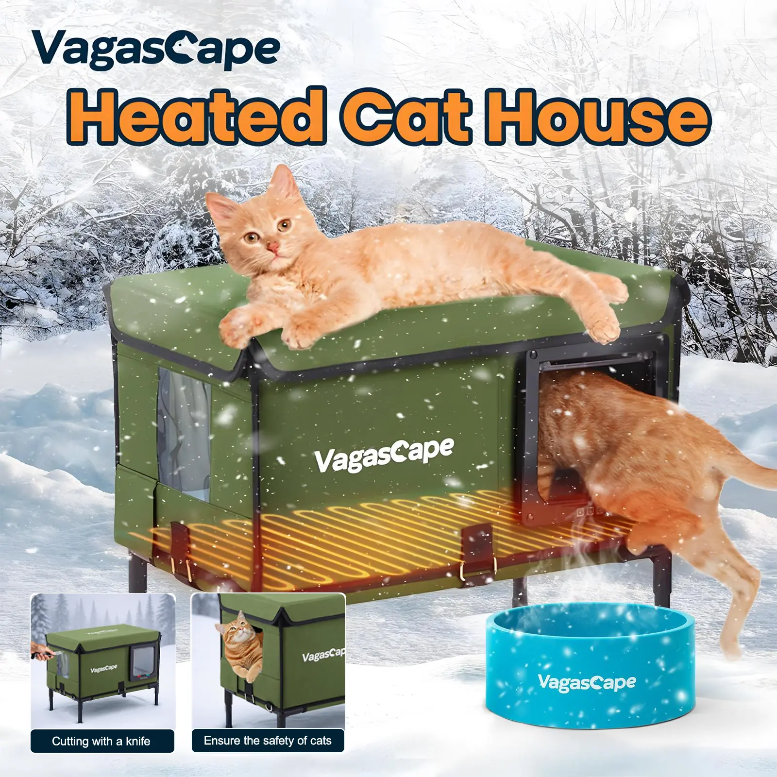 Vagascape Heated Outdoor Cat House & Heated Bowl Combo Set, 3s Warm-Up, Adjustable Temp, BPA-Free, Detachable Cord, Energy-Saving, Waterproof, Insulated, Elevated, 12mm Fiberglass Frame, Escape Door, Window, UL-Tested Core, Overheat Protection, Adjustable