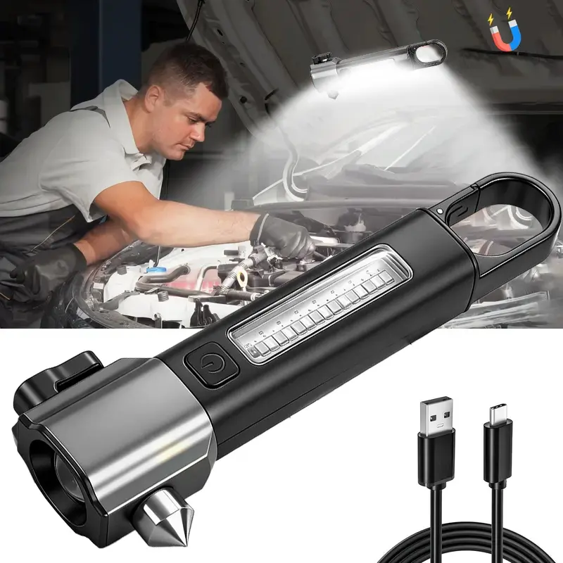Rechargeable Aluminum LED Safety Hammer Cordless Emergency Flashlight Torch Light - 4 Lighting Modes, Zoomable, Magnetic, Hook-Included Mechanic Tool for Car Maintenance Checks, Inspection, Camping, Drill