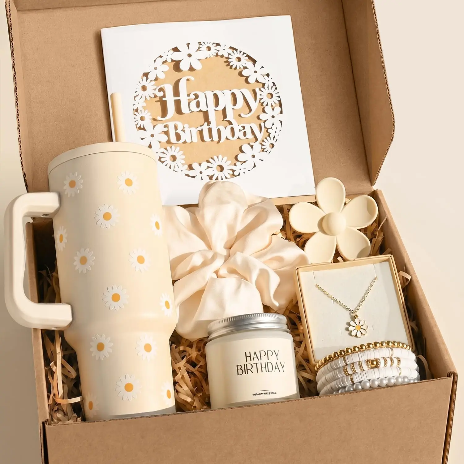 Birthday Gifts for Women Teen Girl - Cute Teen Girl Gifts with Daisy Tumbler - Happy Birthday Box for Women Her Sister Best Friend Daughter Female of All Ages (Off white)