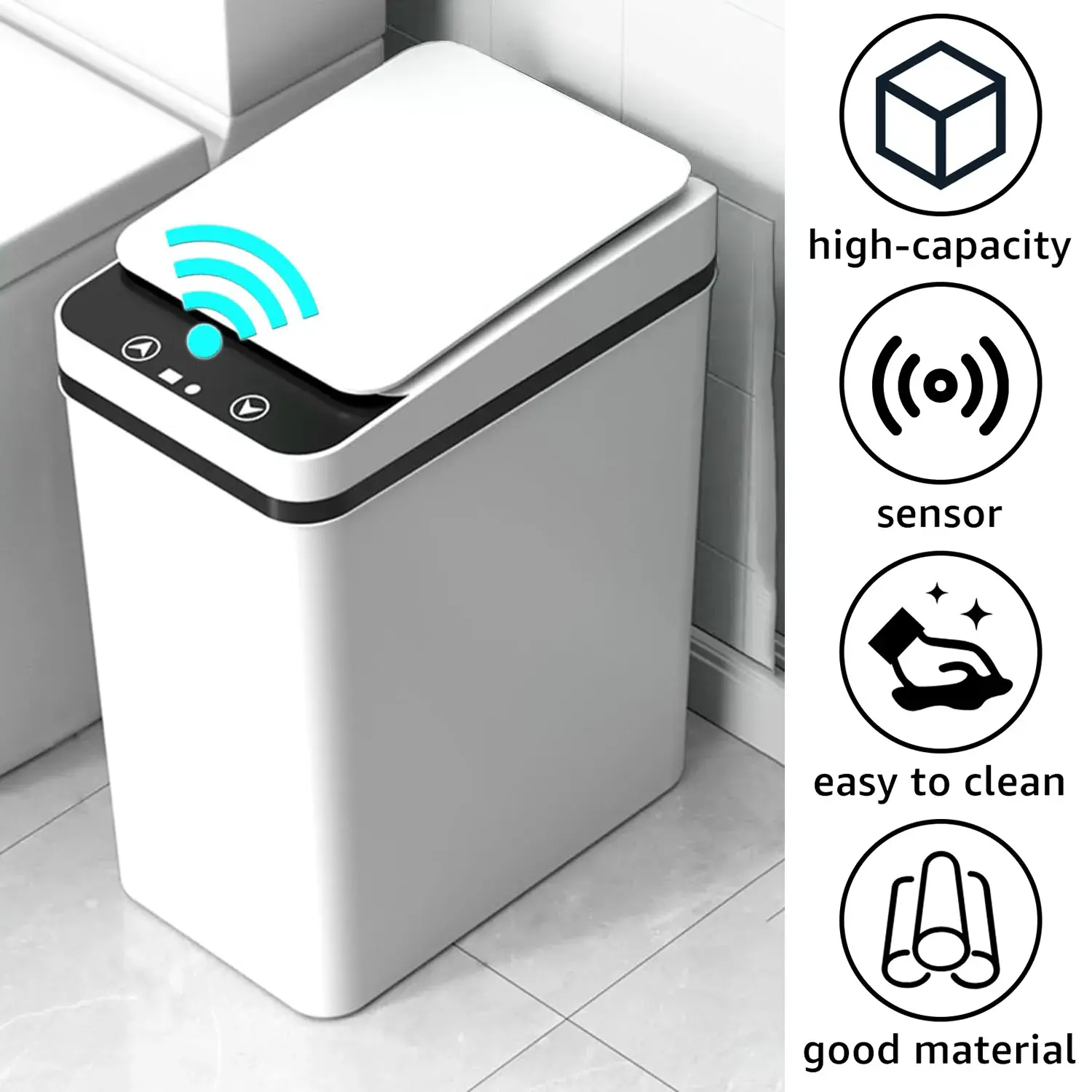 2.4 Gal Durable Plastic Waterproof Smart Touchless Trash Can - Motion-Activated, Automatic Touchless Open, Smart Sensor Lid, Home Bathroom Kitchen Countertop Accessory Gadget (White), Bathroom Gadgets