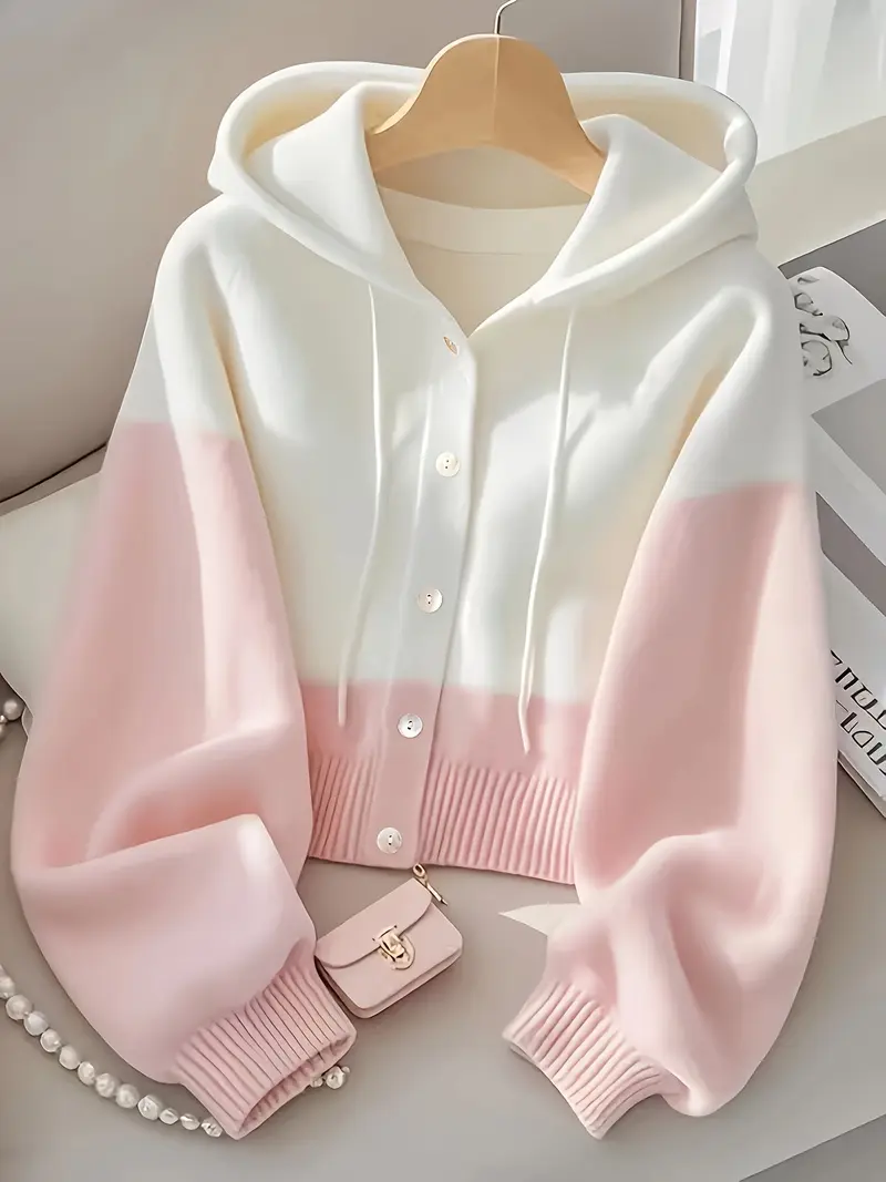 Pink & White Color Block Hoodie | Oversized Button-Up Crop Top  Yellow & White Color Block Hoodie | Trendy Cropped Sweatshirt  Blue & White Color Block Hoodie | Cozy Button-Up Crop Hoodie  Purple & White Color Block Hoodie | Y2K Aesthetic Cropped Top