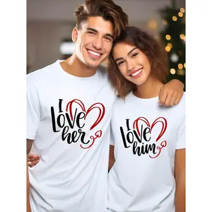 Graphic Tee I Love Her & I Love Him 100% Matching Couple T-Shirts Casual Loose Fit Cotton Crewneck for Valentine's Day Gift & Spring/Summer Wear
