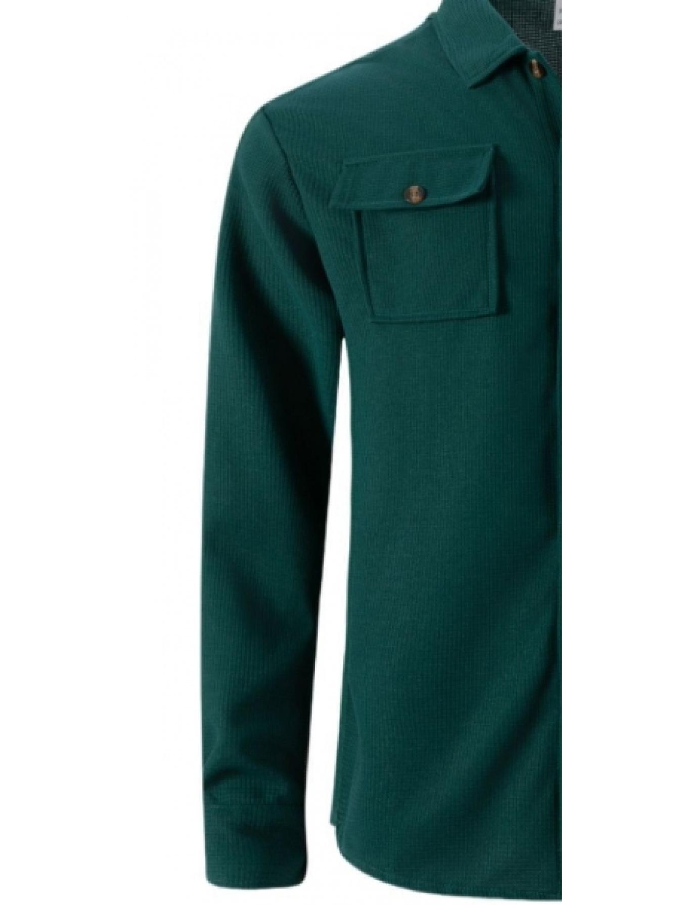 Autumn New Waffle Long Sleeved Pants Two-Piece Set Solid Color Double Pocket Button Up Cardigan Shirt Set for Men