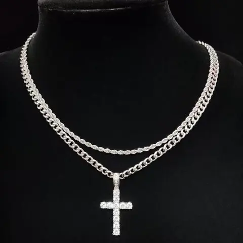 Men's Chunky Cross Costume Necklace - 17-20 in Silver Curb Cuban Chain & Link, 45g Metal Coating Unisex Daily Casual Jewelry Accessory, Ideal Mens Gifts