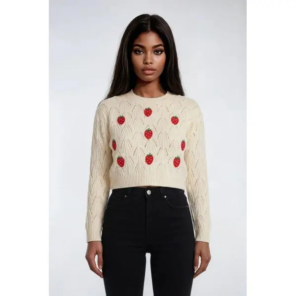 Forever 21 Embroidered Strawberry Cropped Pointelle Sweater, Polyester, Long Sleeve, Knitwear, Casual, Ribbed, Lightweight, Round Neck, Crew Neck, Regular Fit, Strawberry Patches, Embroidered Strawberry Patches