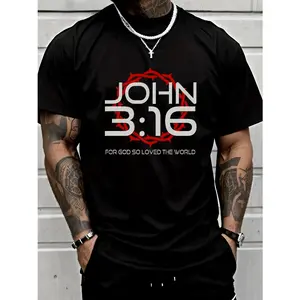 Men'S Casual Crew Neck T-Shirt, Regular Fit,  Slight Stretch,  Knit Fabric,  John 3:16 Inspirational Quote Print,  Black Tops,  Plus Size