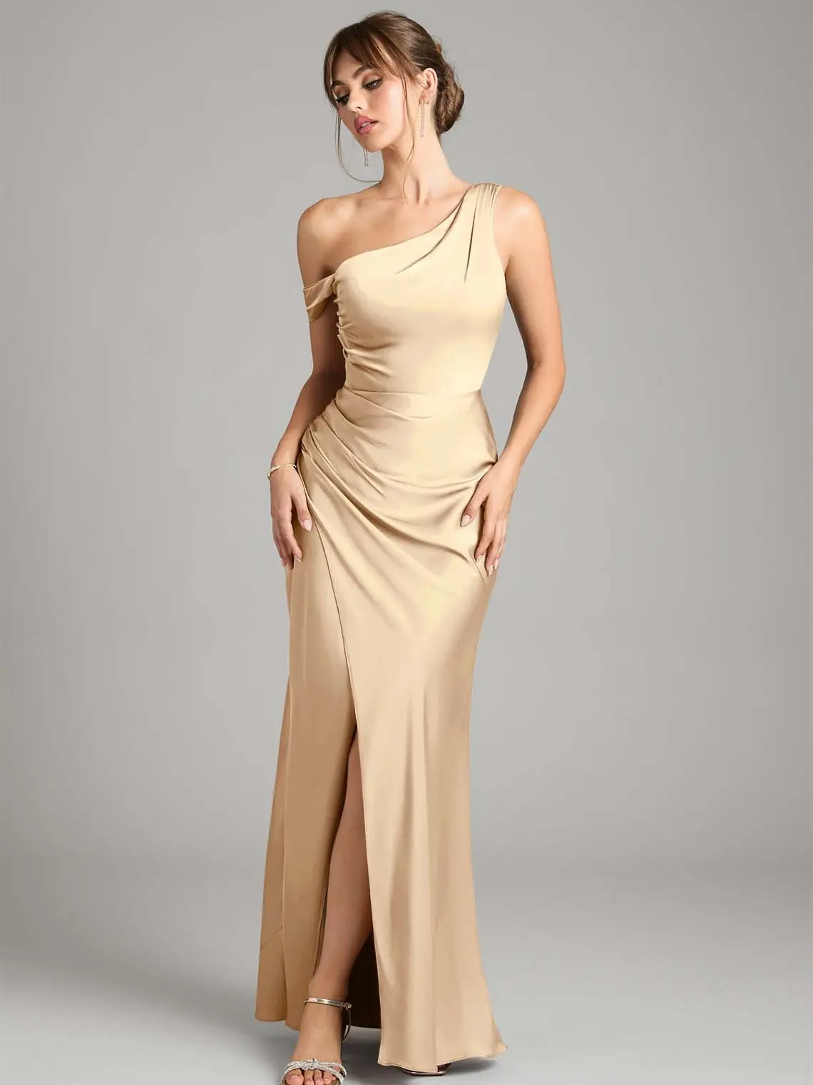 Azazie Madelyn Mermaid One-Shoulder Convertible Leg-Slit Wedding Guest Evening Satin Dress