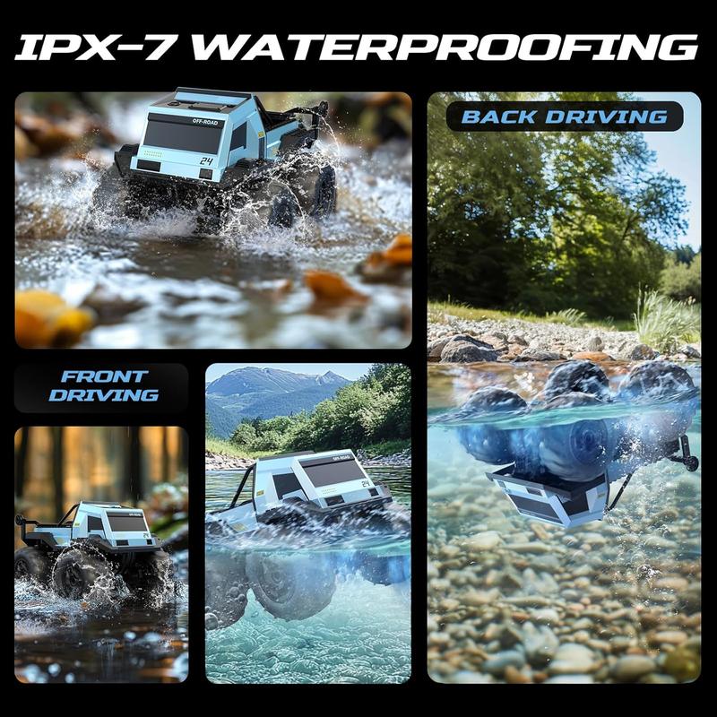 DEERC Amphibious Remote Control Car Monster Truck Toys Waterproof, RC Stunt Cars Toys W/Blocks & 360°Spin, 4WD All-Terrain Off-Road 60+ Min Playtime