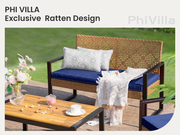 Phi Villa 4-Piece Patio Conversation Set - Wicker Chairs, Acacia Wood Coffee Table, Solid Wood Tabletop, Durable & Stylish Outdoor Design Furniture, Deals for You