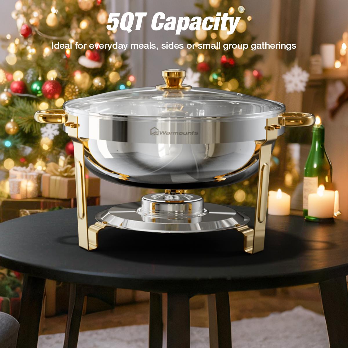 WARMOUNTS 5QT Gold Chafing Dishes for Buffet with Glass Lid , Round Chafers and Buffet Warmers Set with Mirror-Polished Stainless Steel, Rolled Rim, Stackable, Lid Holder for Parties, Weddings (2/4/6 Pack）