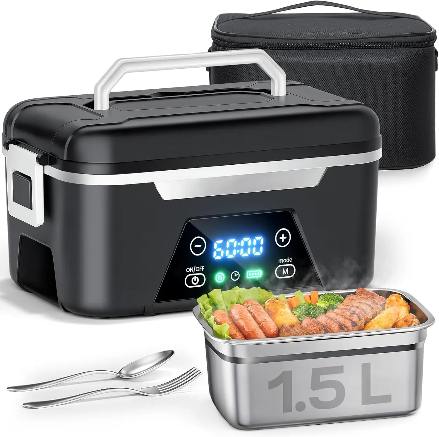 Cordless Heated Lunch Box For Adults 1.5L 6 Cups Rechargeable Electric Lunch Box Battery Powered With Scheduled Heating Automatic Heating Portable Food Warmer With Insulated Bag Black