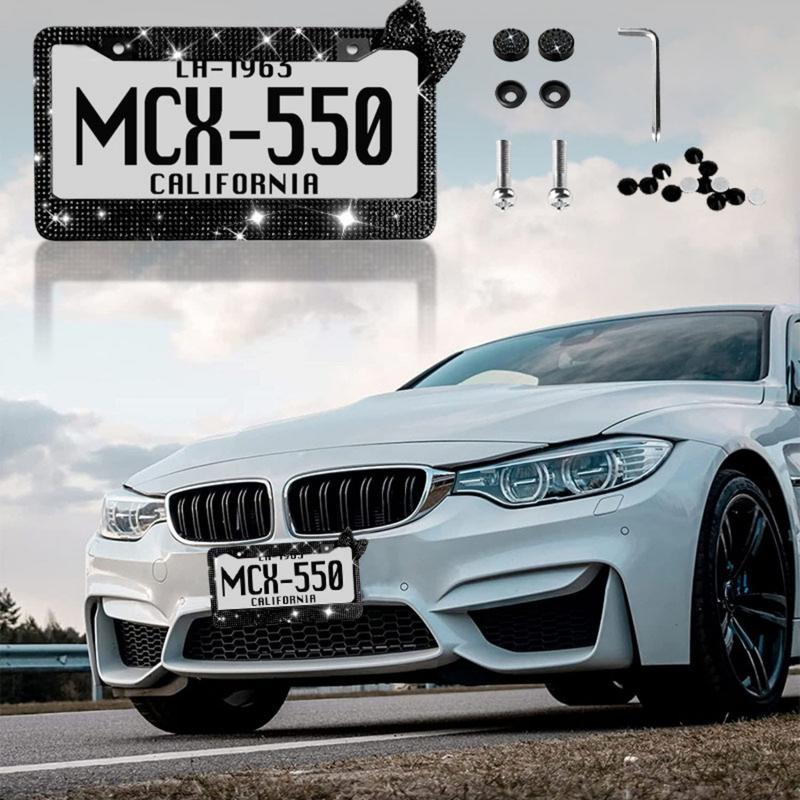 Upgrade Your Car's Look with a White Shiny Bow Tie License Plate Frame! Luxury Sparkling License Plate Frame - Black Frame with Red Bow Design, Crystal Rhinestones, Durable Shell, Easy Installation, Perfect Accessory for Women Drivers Unique customization