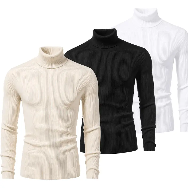 #SohoChicMen's Ribbed Polyester Turtleneck Sweater - Fitted Long-Sleeve Casual Pullover, Lightweight Soft Foldable Base Layer for Holiday, Plain Beige High-Neck Top (m, New Year)