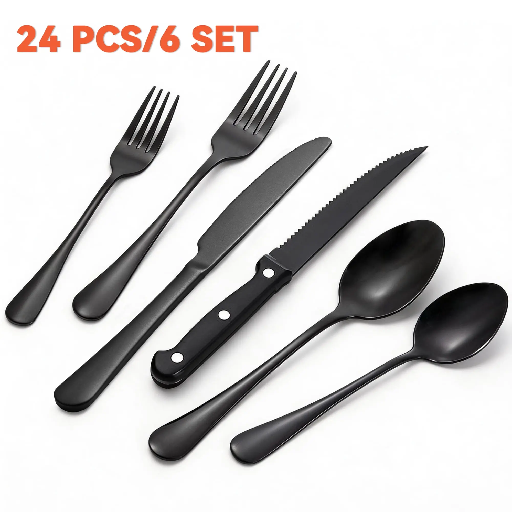 Sturdy 24-Piece Food-Grade Stainless Steel Black Flatware Set for 4 - Glossy Mirror-Polished Cutlery with Round-Handle Steak Knives, Restaurant-Use Tableware, Decor-Compatible Kitchenware