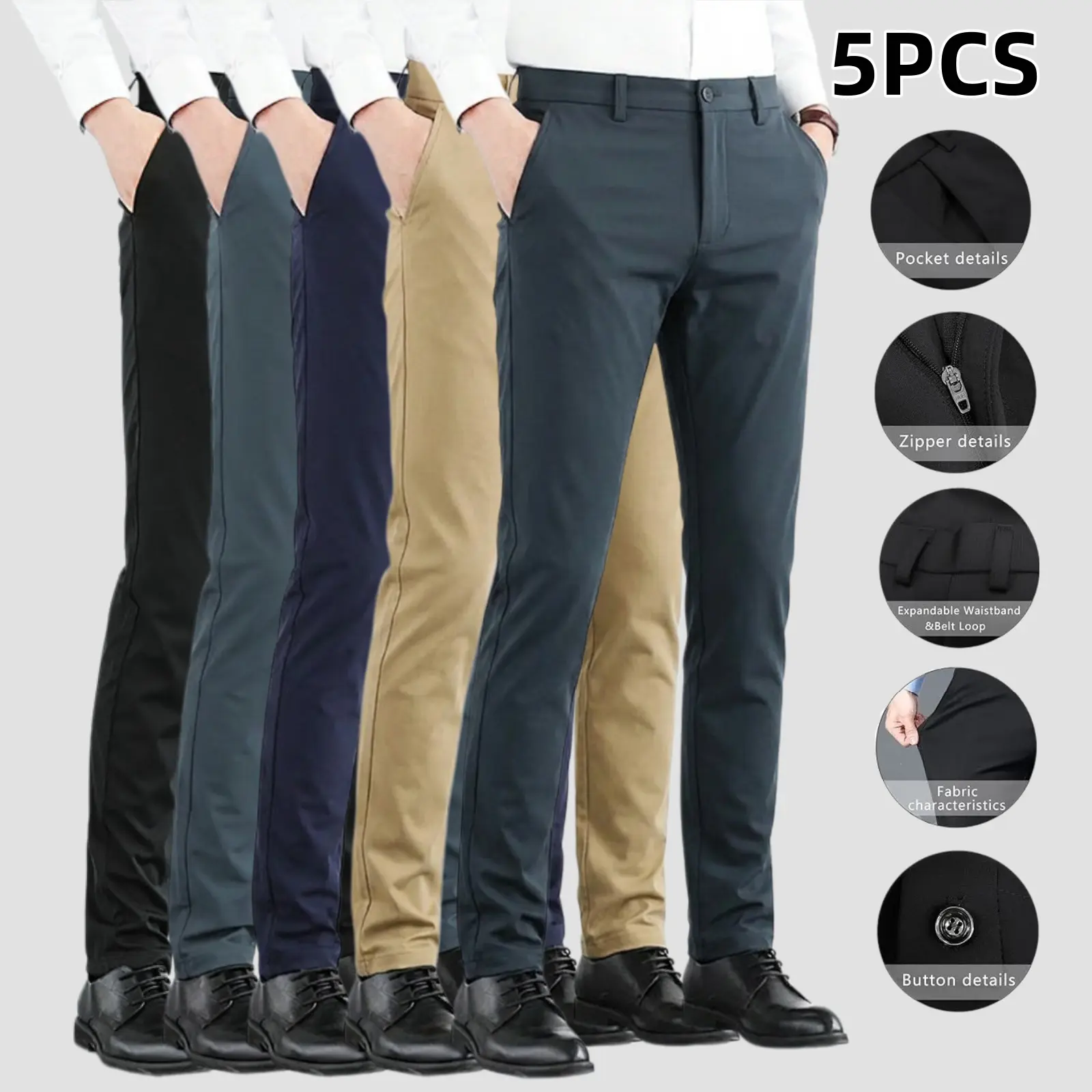 Men's 5-Pack Plain Mid-Waist Solid Chino Pants - Chic Slim-Fit, Wrinkle-Resistant Stretch Polyester Fabric, Button Closure, Machine Washable Minimalist Bottoms for Business Casual, Club Wear, Beige