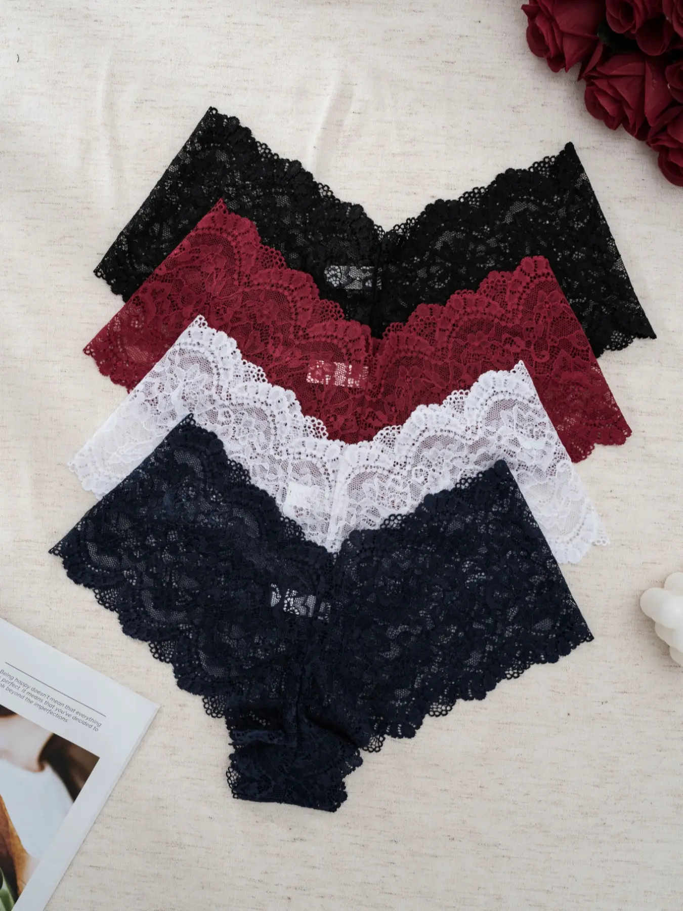 Women's Underwear Set, 4-Piece Floral Lace Hipster Panties, Fitted Panties, Sexy Wave Edge Design, Comfortable Fashion Daily Wear, Trim Lace Panty, Knicker Set