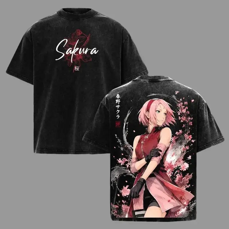 Menswear Naruto Sakura Haruno Black Wash Short-Sleeve Round Neck T-Shirt, Oversized Heavyweight Anime Tee with Cherry Blossom Prints, Red Kanji Graphic, Vintage Goth Grunge Streetwear Unisex Top