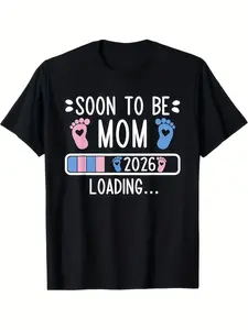 2026 Mom-to-Be Pregnancy Announcement T-Shirt - Vintage Style Crew Neck Short Sleeve Top with "Soon to Be Mom 2026 Loading. . . " Graphic, Comfy Casual Fit, Machine Washable, All-Season Comfort for Daily Activities, Parties, Beach & Sports, Outdoor Clothi