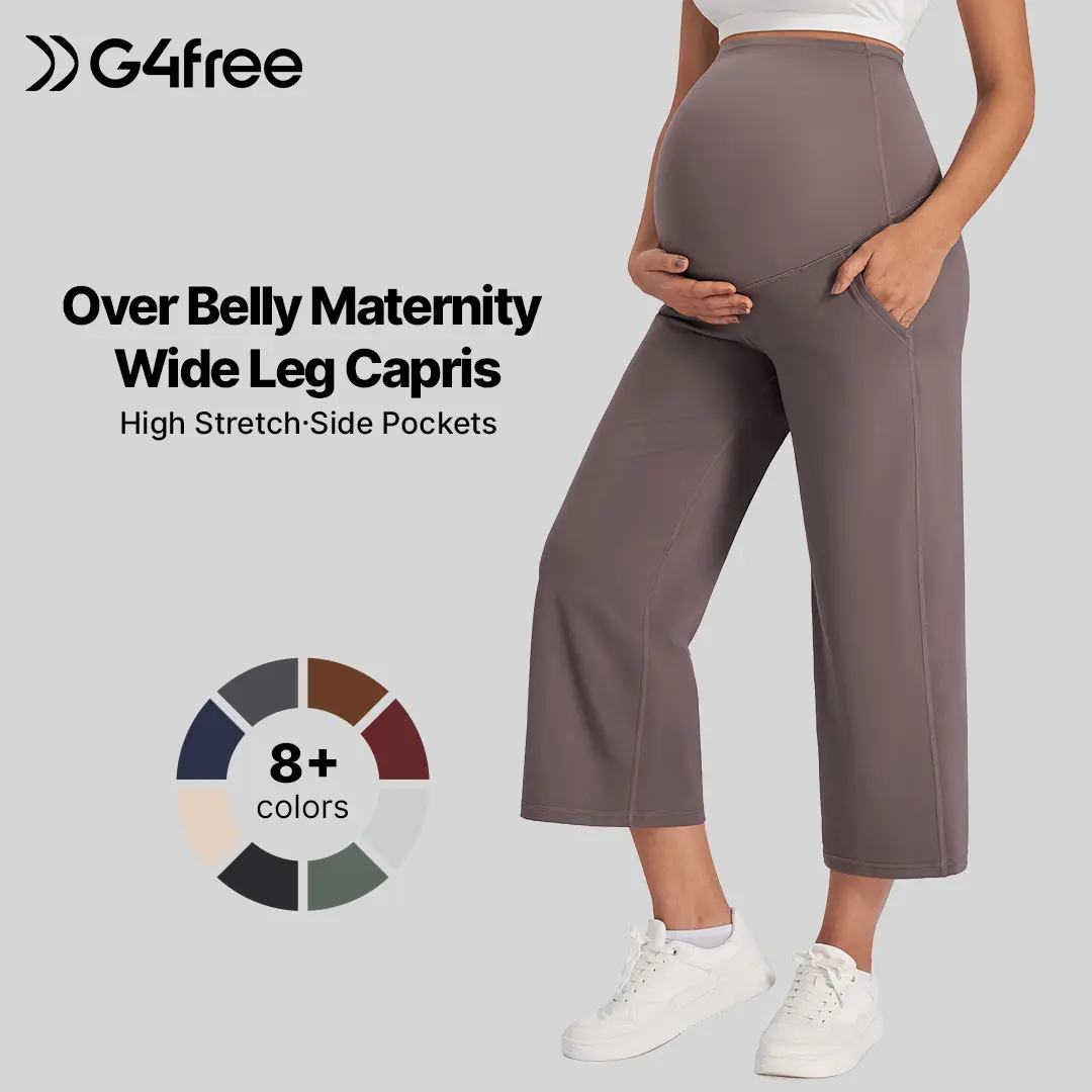 G4Free Women's Over-The-Belly Wide Leg Maternity Yoga Capris - Stretch Cropped Pants with Pockets, Suitable for Maternity Work Clothes