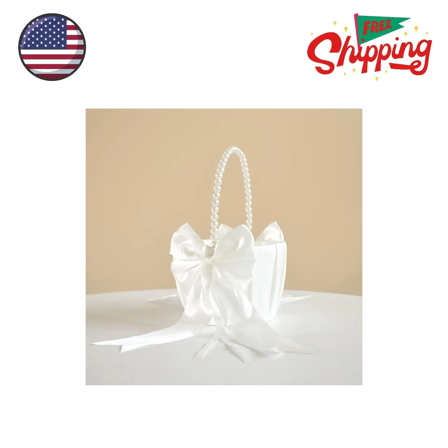 Wedding Flower Girl Basket with Cute Pearl Handle Bowknot Satin Flower Baskets