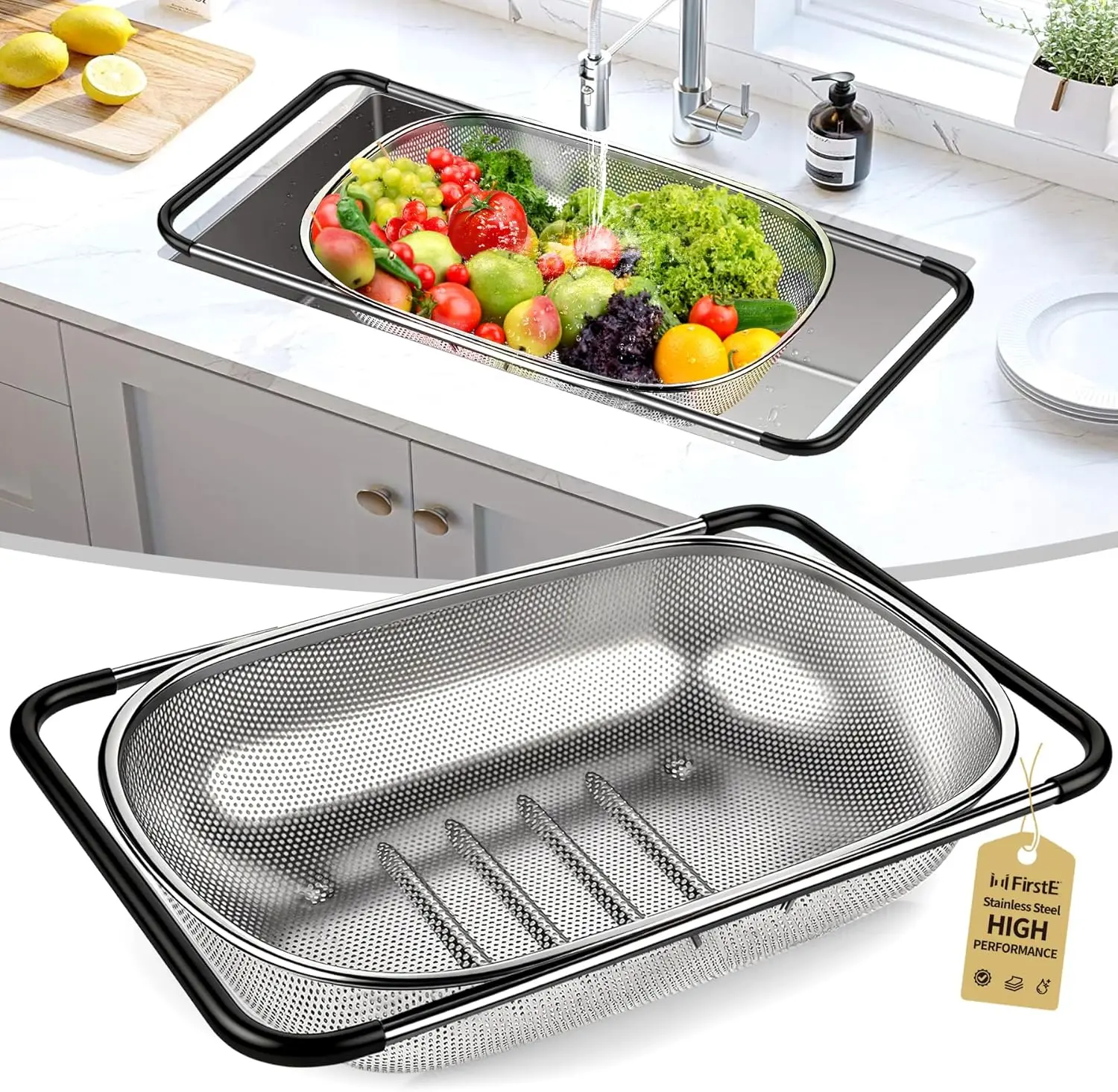 6-Qt Over-the-Sink Fine Mesh Stainless Steel Colander Basket with Expandable Non-Slip Handles for Draining Pasta, Rinsing Fruits & Vegetables