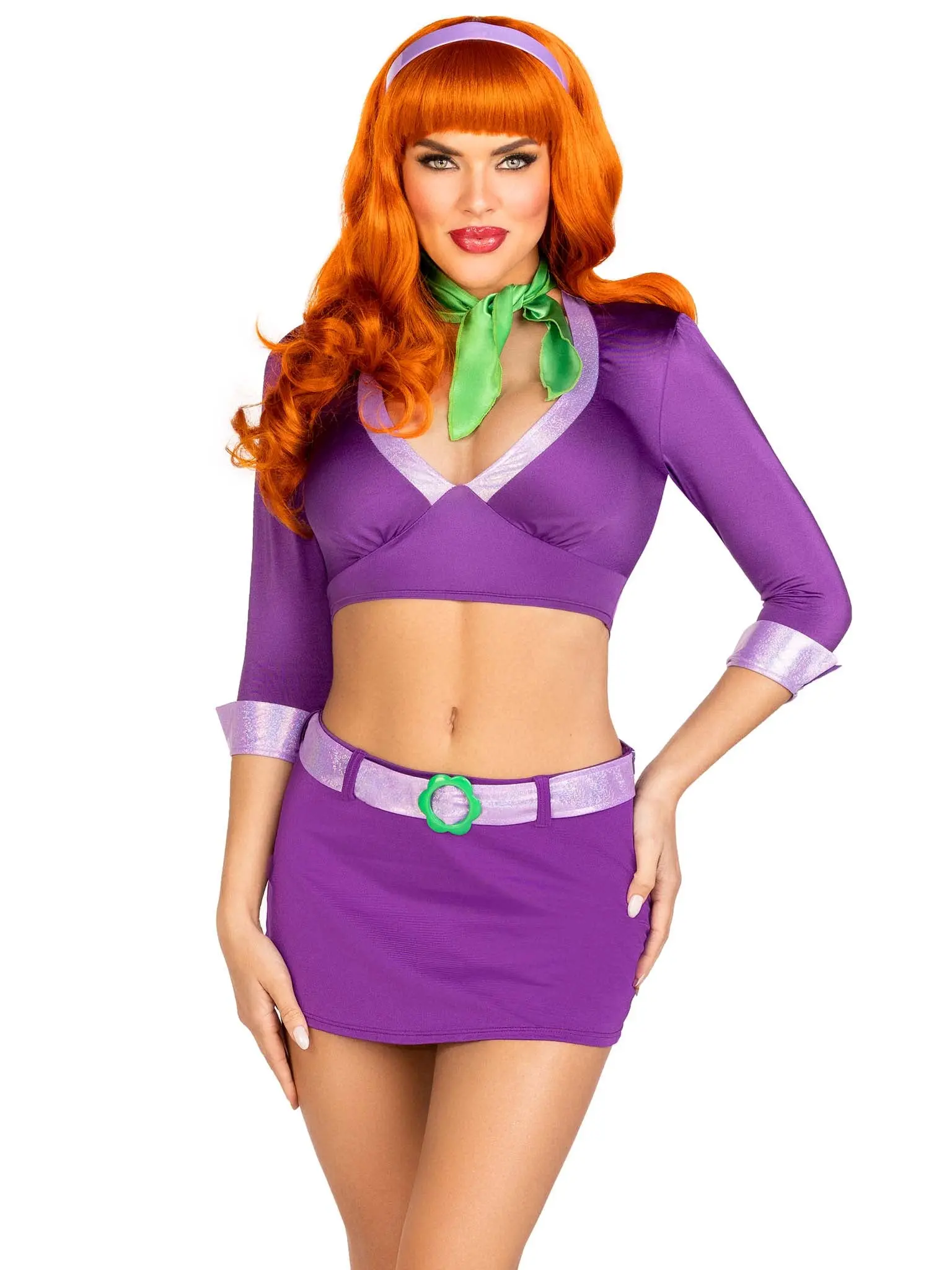 Leg Avenue Women's Sexy Meddling Cutie Daphne Halloween Costume - 5-Piece Set with Purple Dress, Curve-Hug Crop Top, Green Scarf, Purple Headband, Cosplay Accessories, Belted Skirt Fit, Fitted Body Contour, Hand Wash, Trick Or Treat Wear