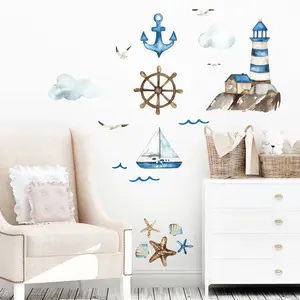 Nautical Wall Decals | Watercolor Coastal Wall Stickers | Lighthouse, Sailboat, Anchor