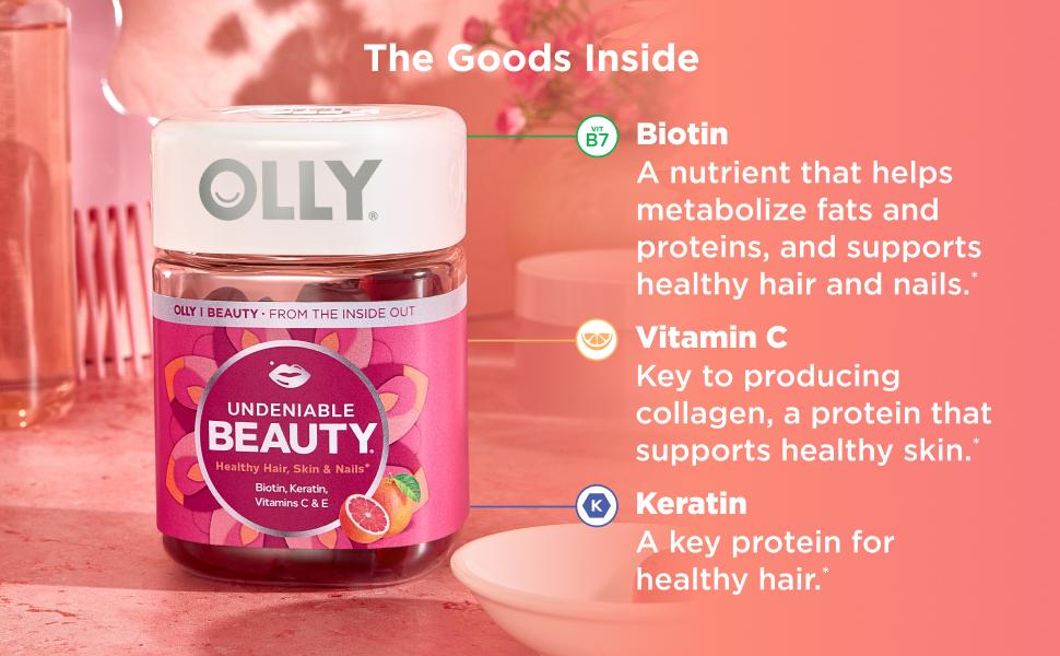 OLLY Undeniable Beauty Gummy, For Hair, Skin, Nails, Biotin, Vitamin C, Keratin, Chewable Supplement, Grapefruit, 30 Day Supply - 60 Count