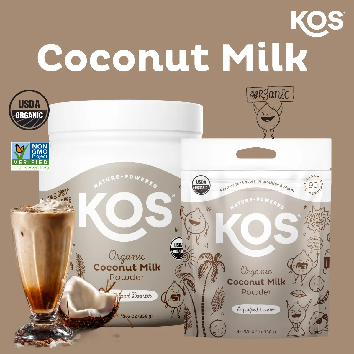 KOS Organic Creamy Coconut Milk Powder, USDA Certified Organic - 0g Sugar, MCT Plant Based Creamer for Coffee, Smoothies, Vegan, Keto, Paleo Friendly, Non-GMO, Gluten or Dairy
