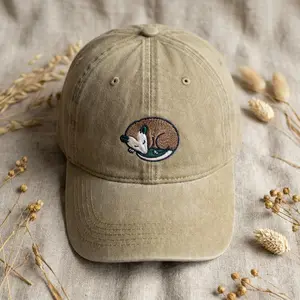Sleeping Possum Embroidered Wash Dad Cap, Opossum Lover Gift, Animal Art Headwear, Distressed Khaki Baseball Hat, Cute Wildlife Cap