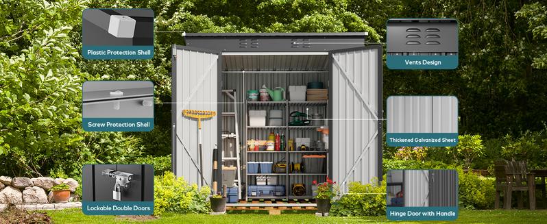 Gizoon 6' x 4' Outdoor Storage Shed with Double Lockable Doors, Anti-Corrosion Metal Garden Shed, Waterproof Shed Outdoor Storage Clearance for Backyard Patio Lawn-Dark Gray
