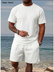 Clean Gent soft knit men’s two-piece set: street-style loose short-sleeve T-shirt + drawstring casual shorts; summer breathable streetwear for men featuring a loose textured knit T-shirt and drawstring shorts; minimalist casual summer outfit.