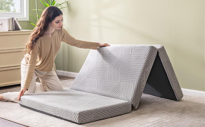 EGO Tri Folding Memory Foam Topper 4 Inch, Twin Full Queen King Guest Bed Dorm Room Comfortable Camping Sleepover Pressure Relief Travel Mattress
