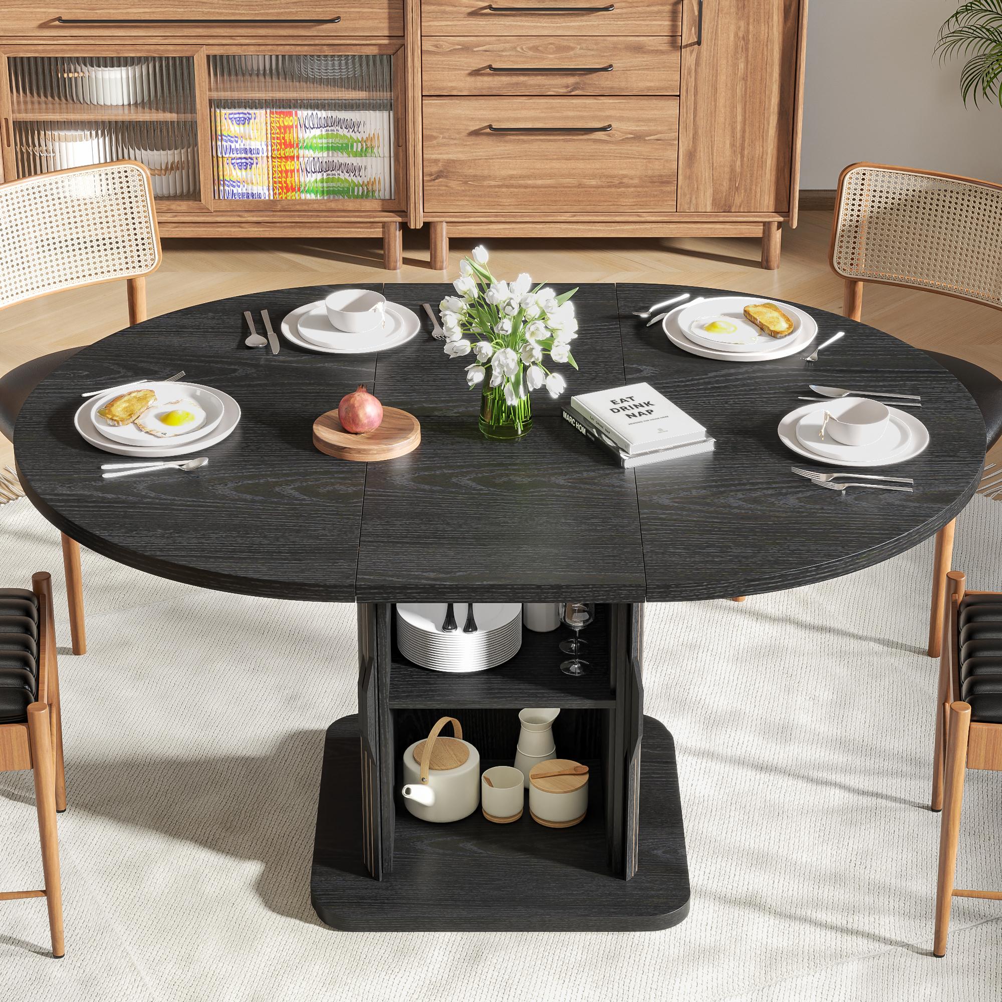 Extendable Black Round Dining Table for 4-6-8, 59 Inch Kitchen Dining Room Table with Storage, Modern Oval Circle Dinner Furniture, Fluted Wood Slide Door, for Home, Living Room, Farmhouse