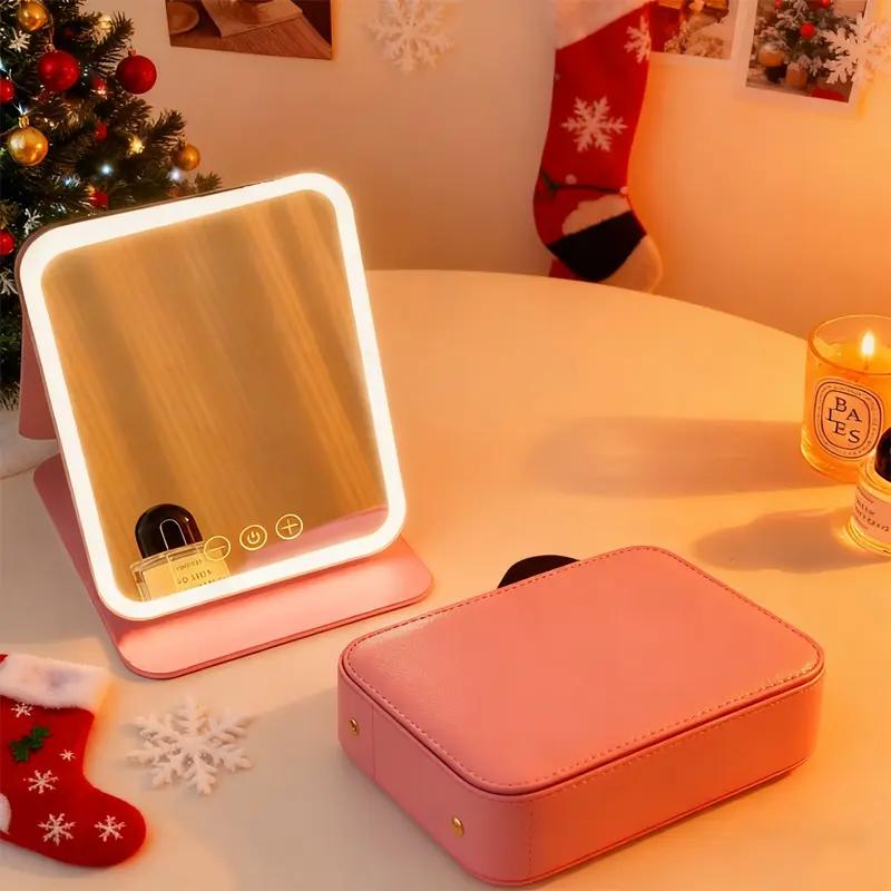 Makeup Mirror with Lights, USB Rechargeable Vanity Mirror with Stand, 3 Color LED Lighting Dimmable Brightness Adjustable Angle Compact Mirror, Foldable Cosmetic Mirror, Portable Travel Makeup Mirror, Birthday Anniversary Gift for Women