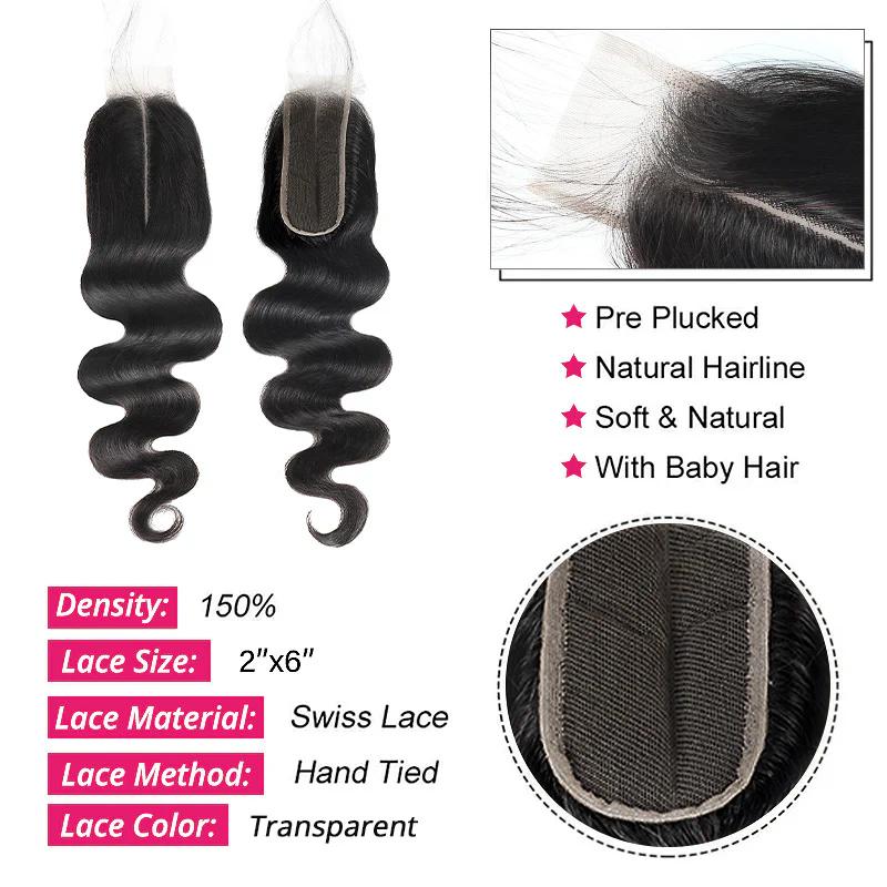 15A Upgraded 100% Premium Raw Human Hair Bundles With 2x6 Lace Closure Body Wave Virgin Human Hair Bundles Straight Hair Quick Weave Salon Quality Human Hair Bundles for Sew in Brazilian Hair Extensions