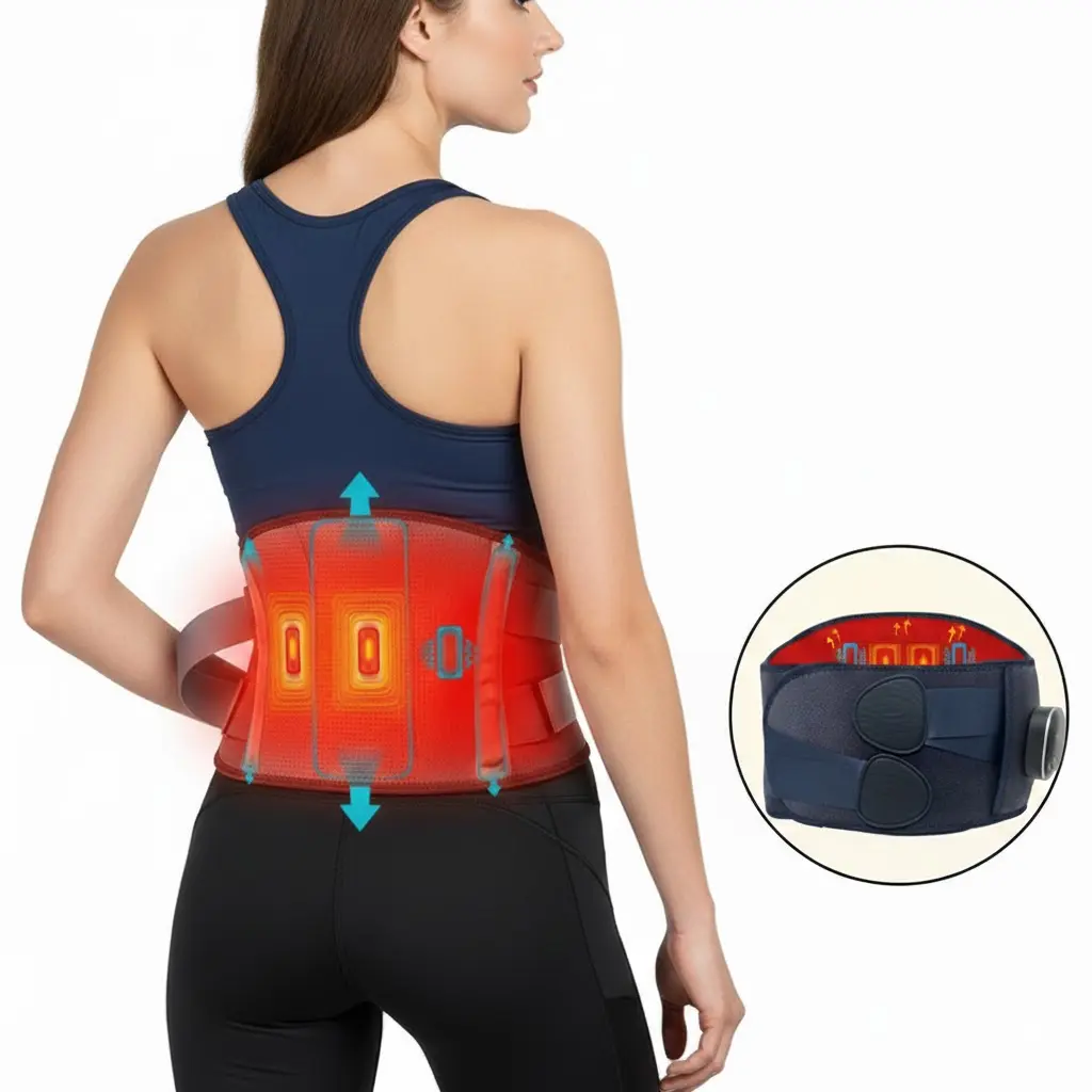3-in-1 Cordless Back Massage Device, Heated Lumbar Support Belt with Red Light Therapy for Lower Back Pain Relief, 5 Heat Levels (40°C-60°C), Touch Screen Operation, Breathable Fabric, Batteries Built-In for Athletes