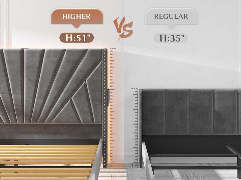 Raybee Full/ Queen/King Size Bed Frame with 51" Velvet Upholstered Headboard, up to 900 LBS ,Platform Bedframe with Charging Station and LED Lights, Wingback Headboard, No Box Spring Needed, Noise-Free[Black Friday]