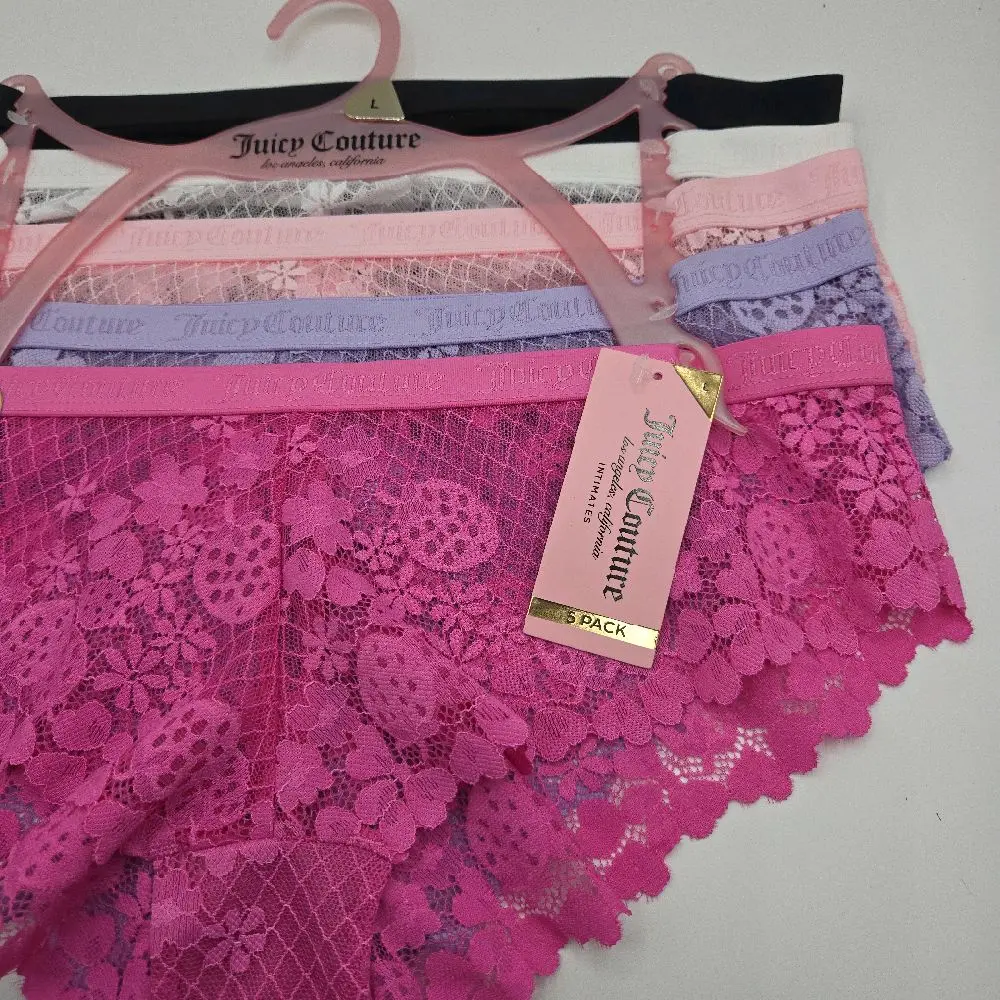 Juicy Couture Women's Size L ,all lace Multicolo, Set of 5 Cheeky Panties.